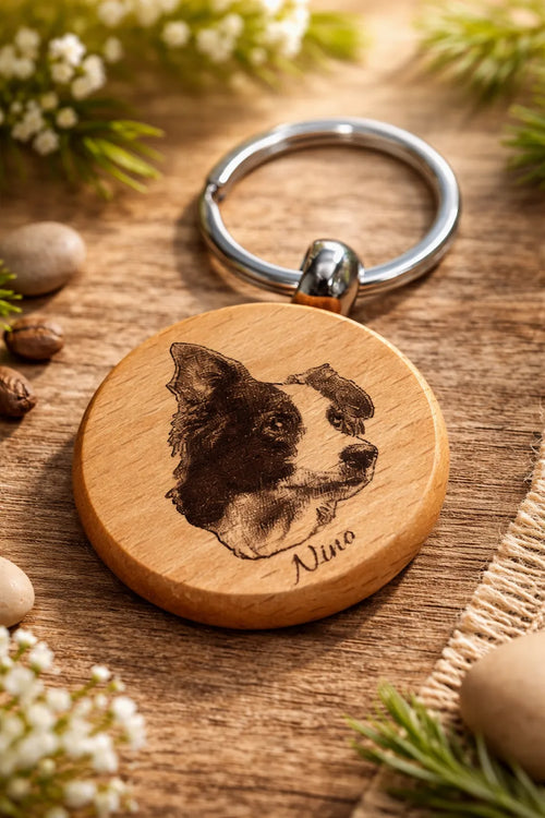 Porte-clé personnalisé photo chien ou chat – Gravure laser sur bois naturel - Creatica