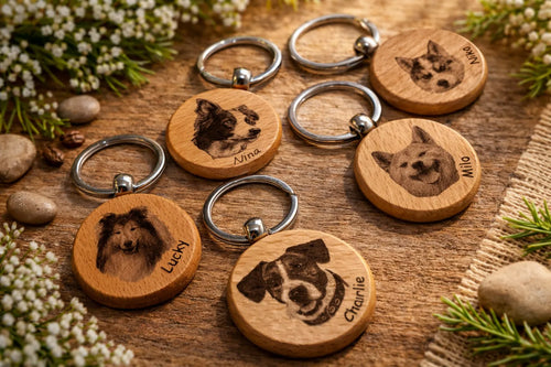 Porte-clé personnalisé photo chien ou chat – Gravure laser sur bois naturel - Creatica