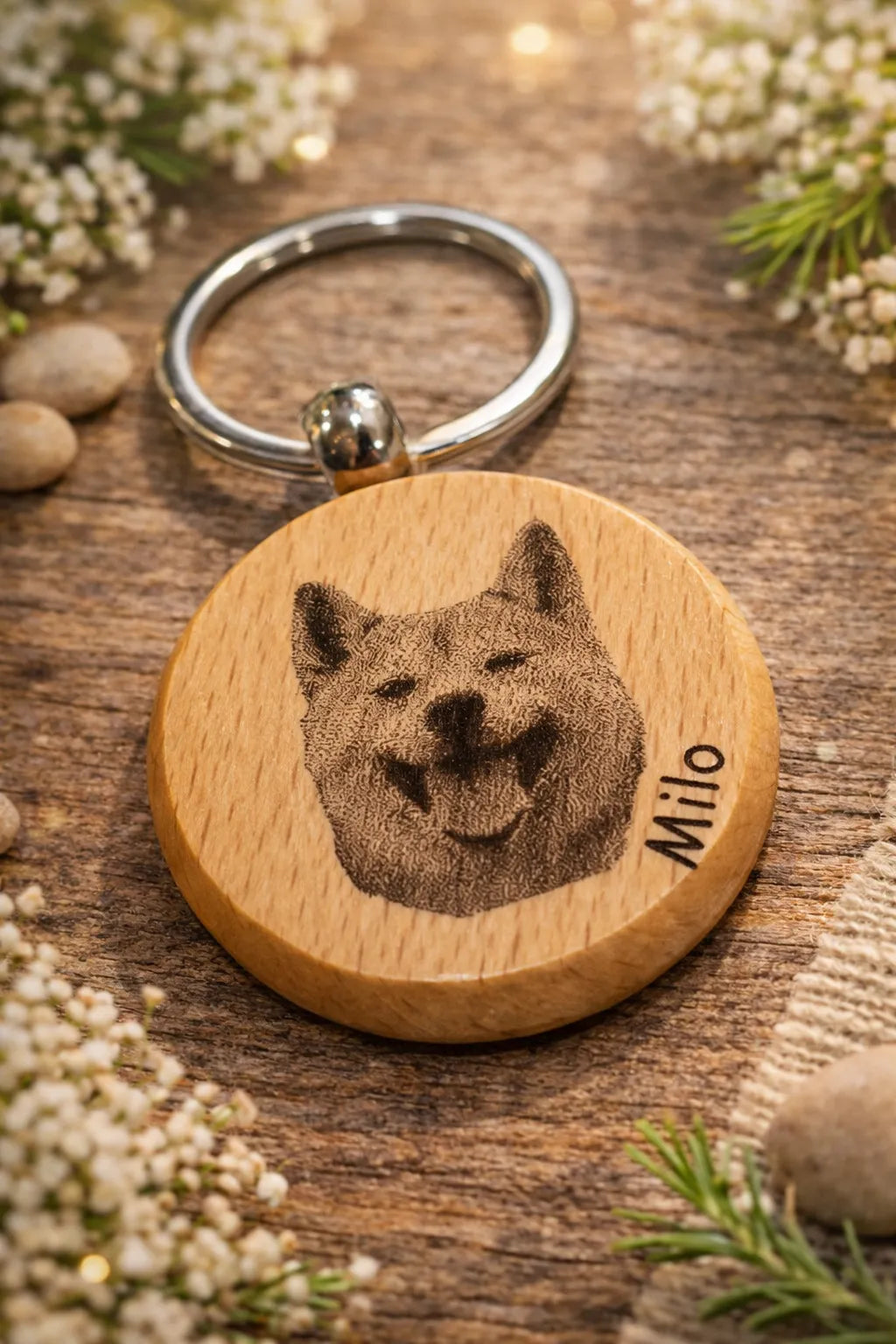 Porte-clé personnalisé photo chien ou chat – Gravure laser sur bois naturel - Creatica