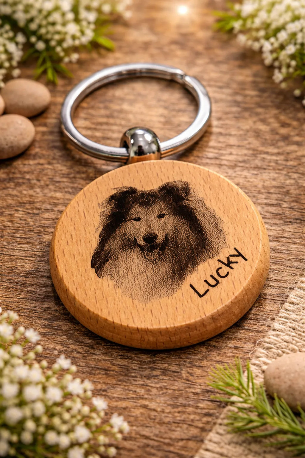 Porte-clé personnalisé photo chien ou chat – Gravure laser sur bois naturel - Creatica