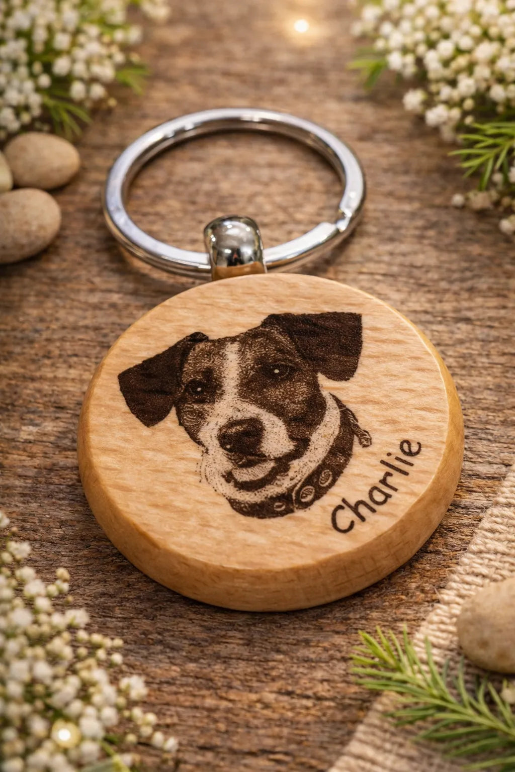 Porte-clé personnalisé photo chien ou chat – Gravure laser sur bois naturel - Creatica